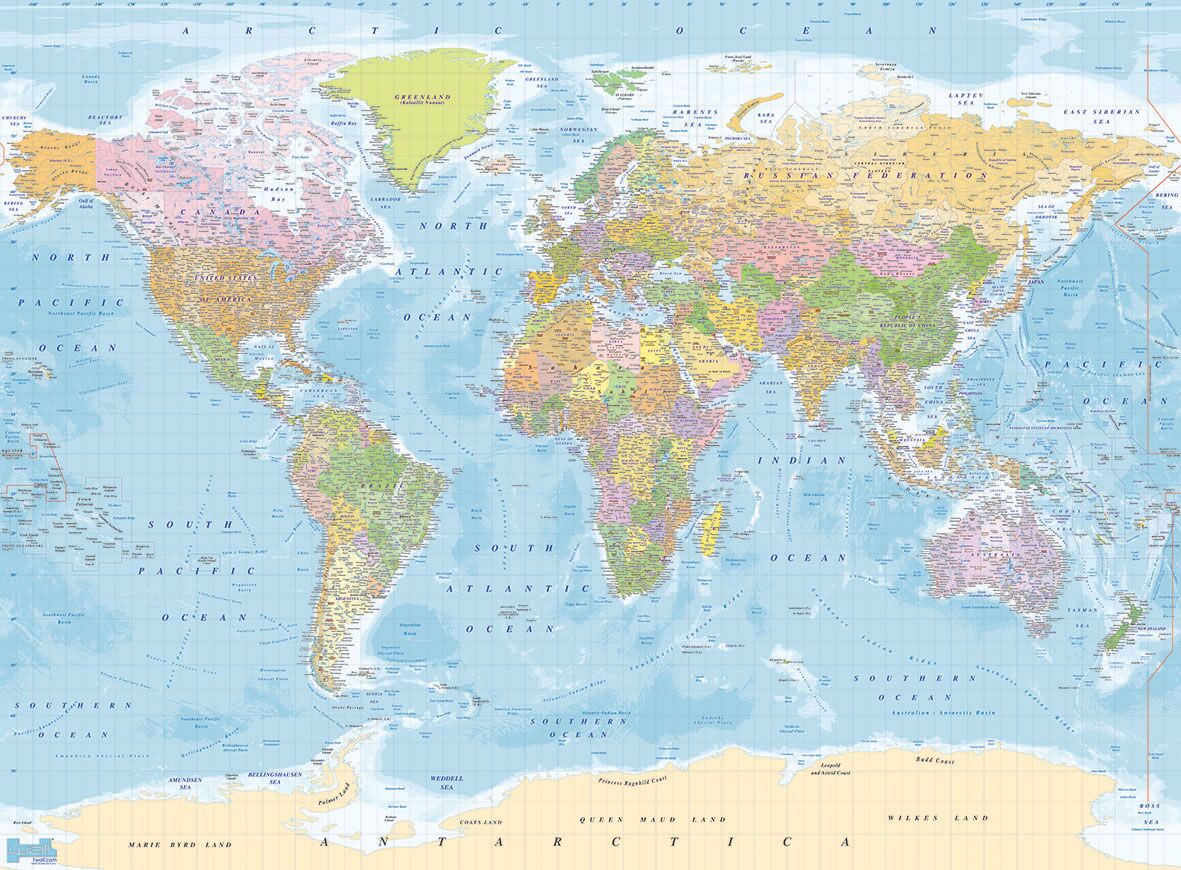 Blue Political World Map 3.15m x 2.32m 4 Piece Giant Wallpaper Wall Mural