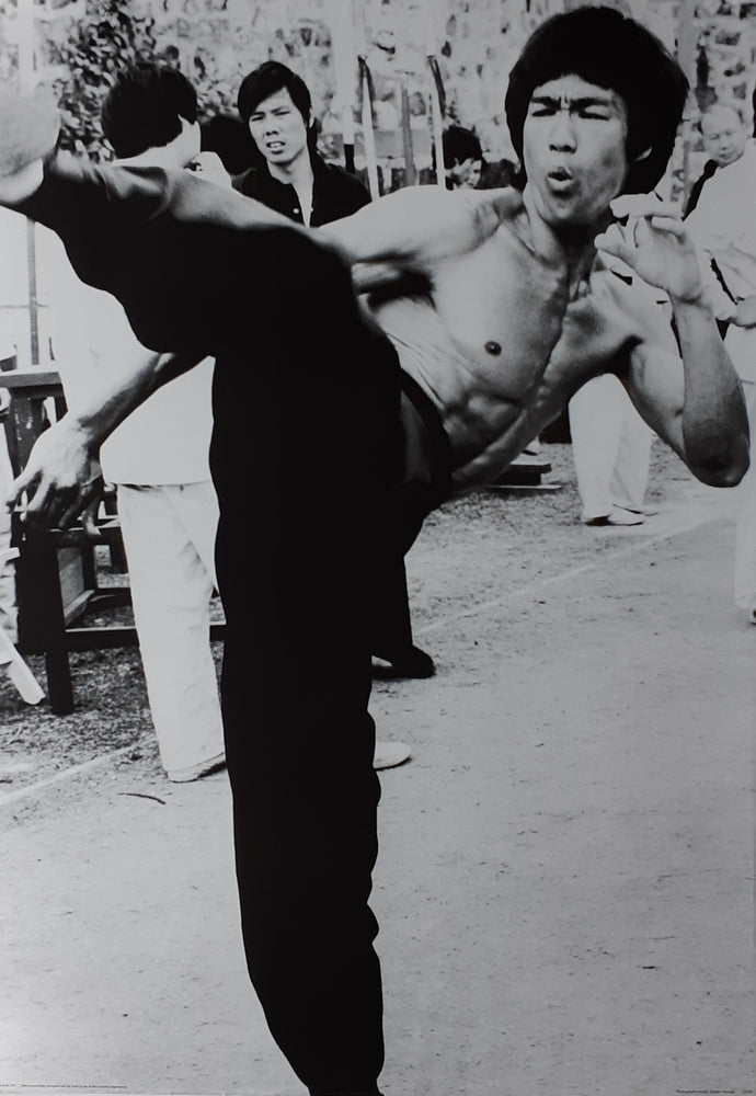 Bruce Lee High Kick Vintage Black And White Maxi Poster Blockmount