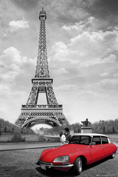 Paris Kiss Red Citroen And Eiffel Tower Maxi Poster