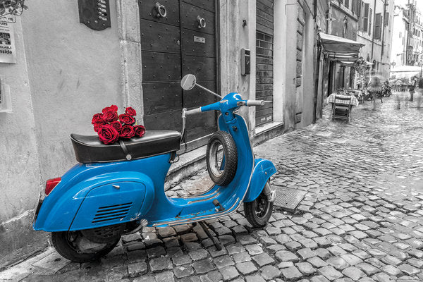 Blue Scooter Red Roses Cobbled Street Maxi Poster