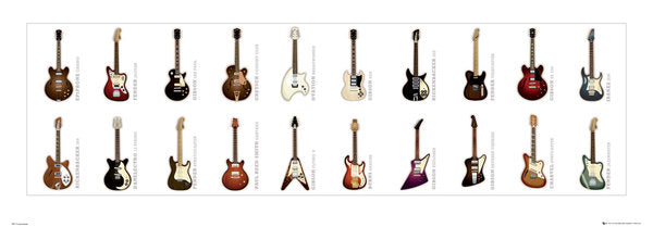 Twenty Classic Guitars Montage 33x95cm Art Print