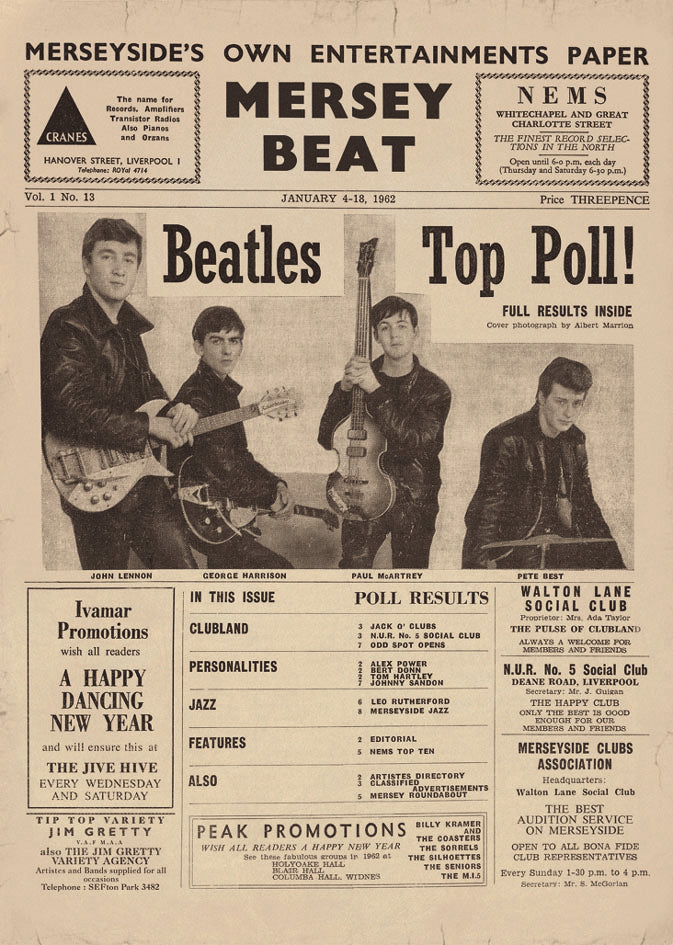 Mersey Beat Magazine The Beatles Poll Winners Jan 1962 Maxi Poster Blockmount