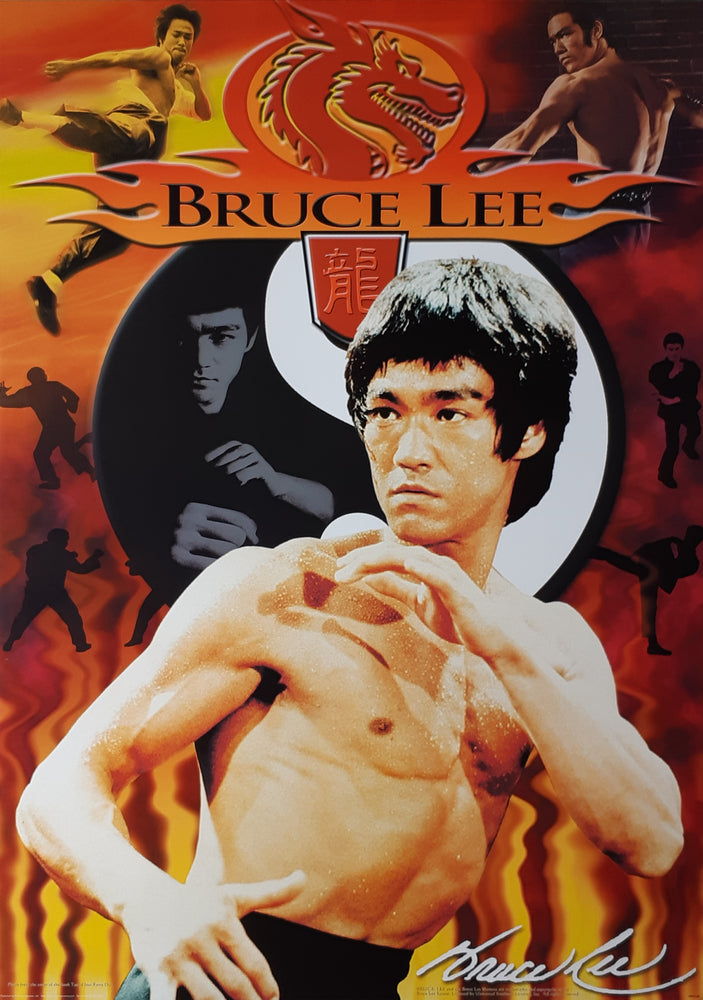 Bruce Lee Fire Montage Vintage Maxi Poster Blockmount