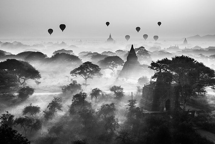 Balloons Over Bagan Myanamar Black And White Maxi Poster