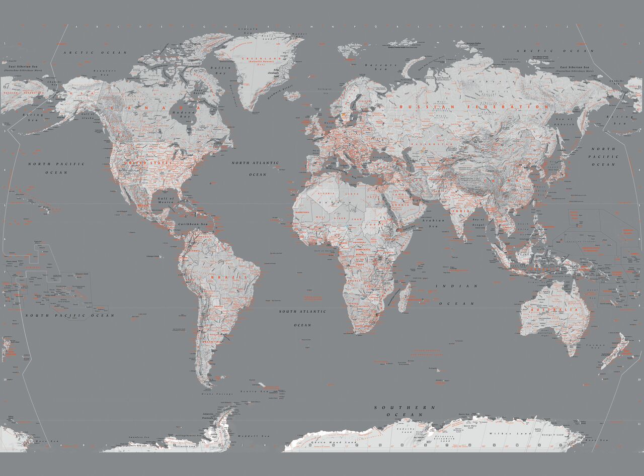 Silver Grey Orange World Map 3.15m x 2.32m 4 Piece Giant Wallpaper Wall Mural
